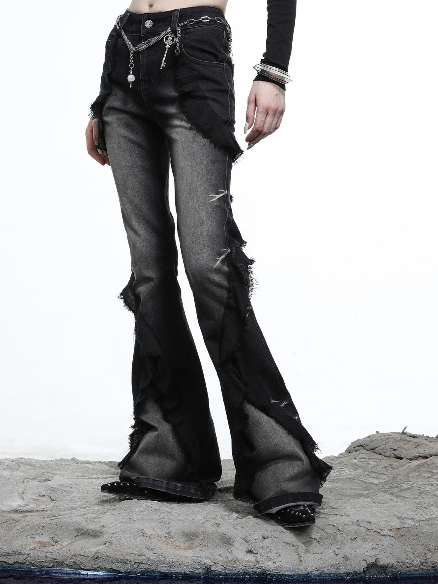 NN NORTH NODE Distressed Denim Flared Pants With Cape Detailing