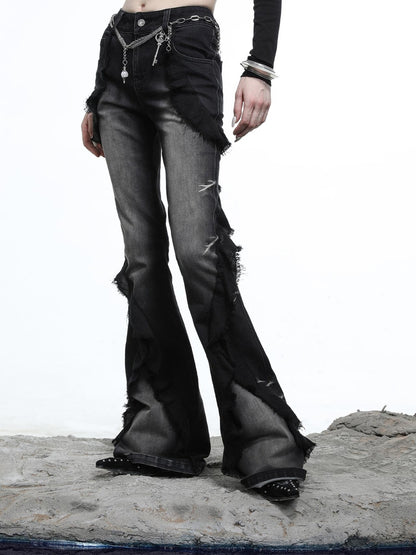 NN NORTH NODE Distressed Denim Flared Pants With Cape Detailing