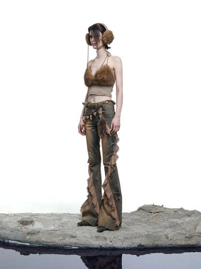 Distressed Denim Flared Pants With Cape Detailing