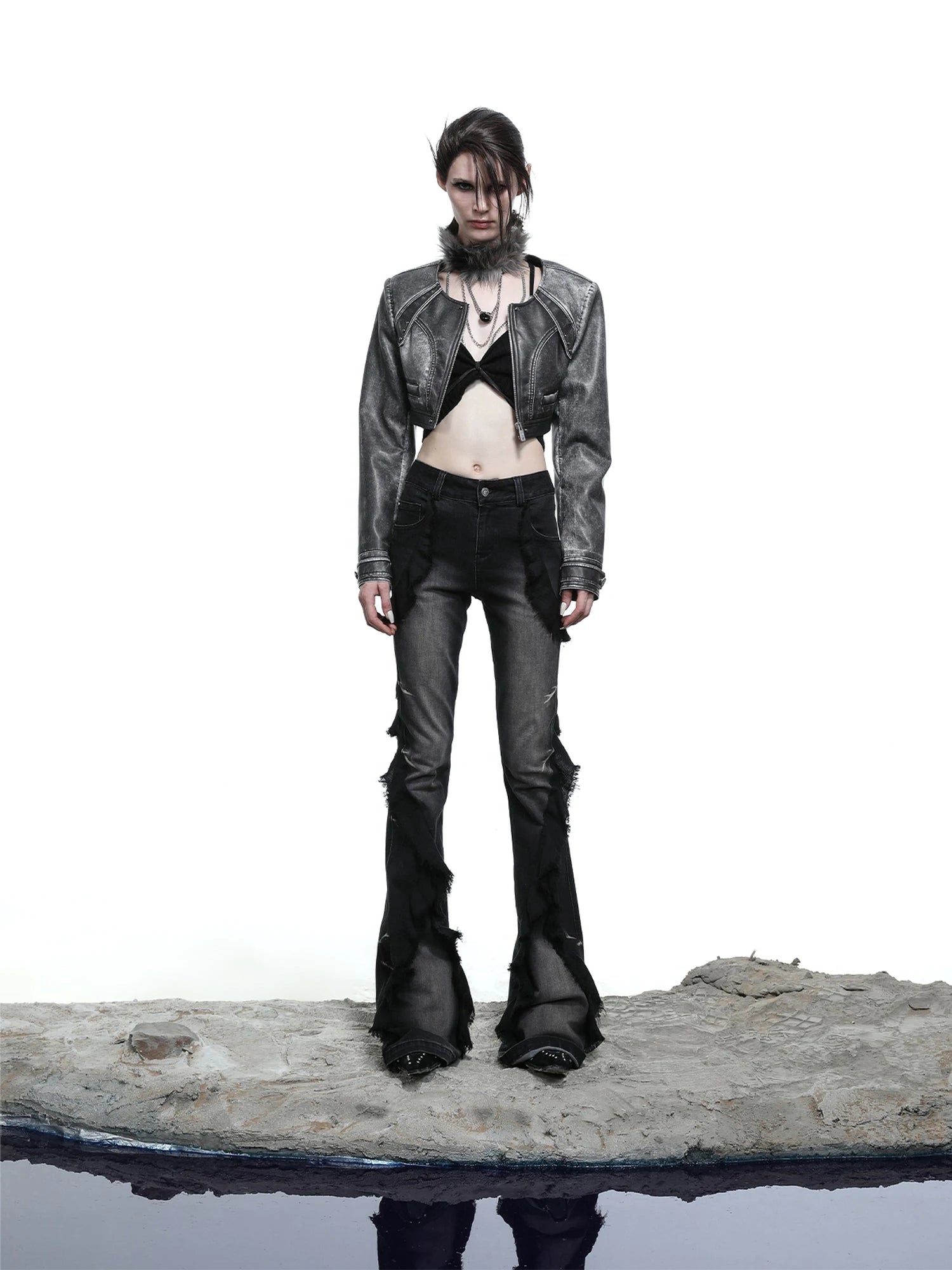 Distressed Denim Flared Pants With Cape Detailing