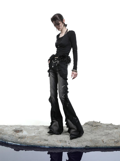 Distressed Denim Flared Pants With Cape Detailing