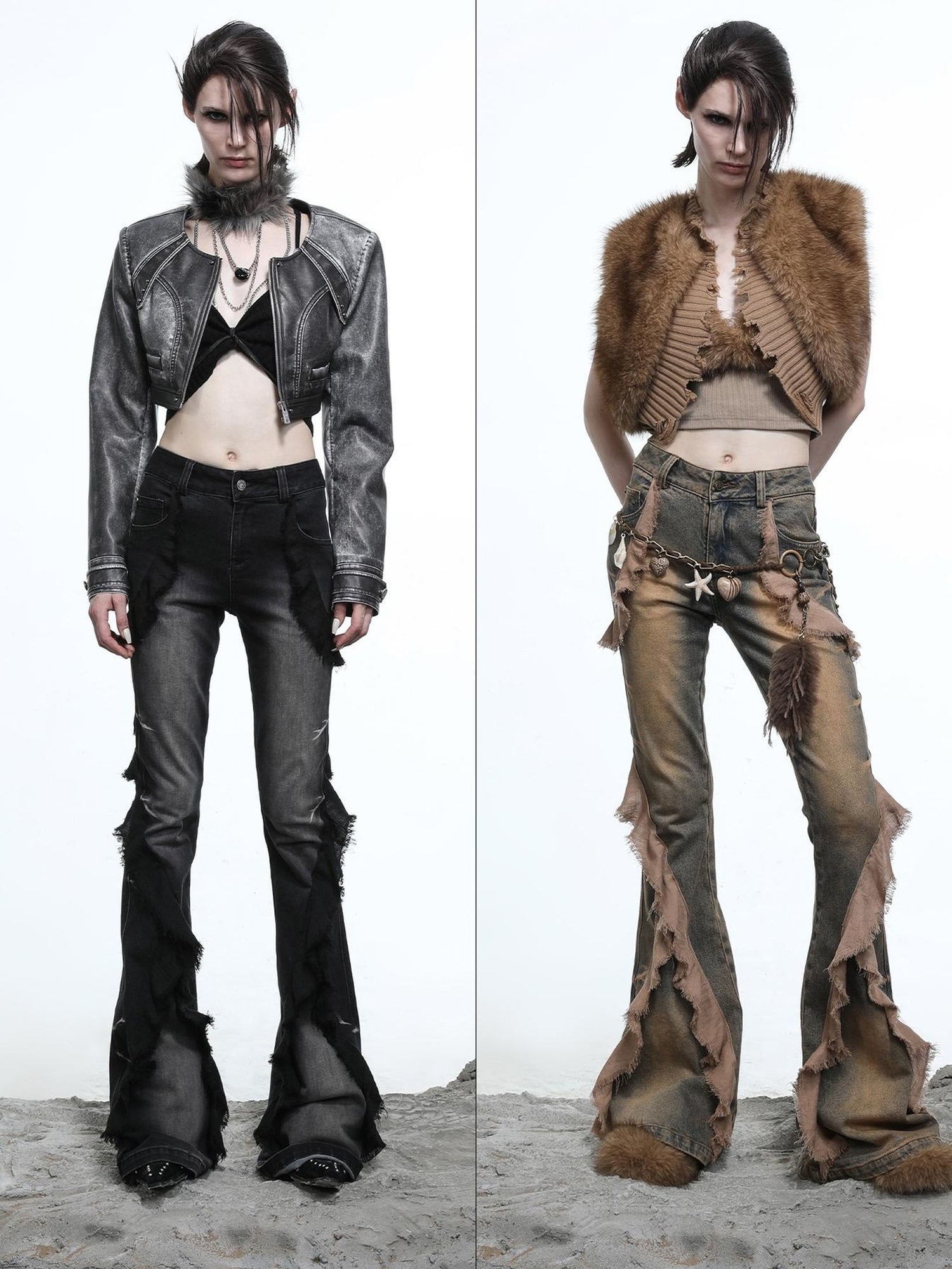 NN NORTH NODE Distressed Denim Flared Pants With Cape Detailing