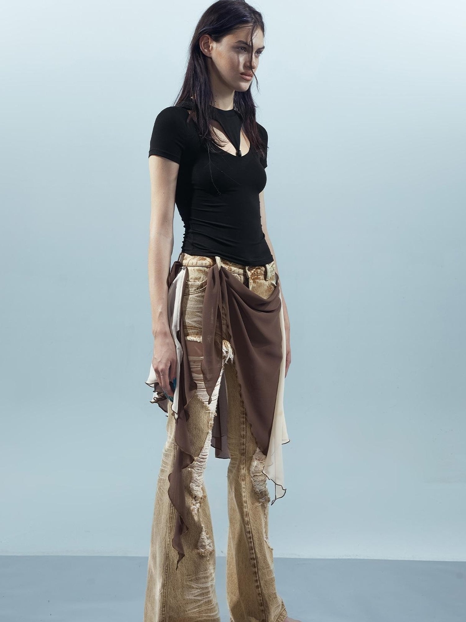 UpdateNN NORTH NODE Distressed Denim Flared Pants With Detachable Apron