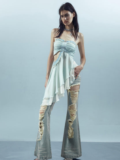 UpdateNN NORTH NODE Distressed Denim Flared Pants With Detachable Apron