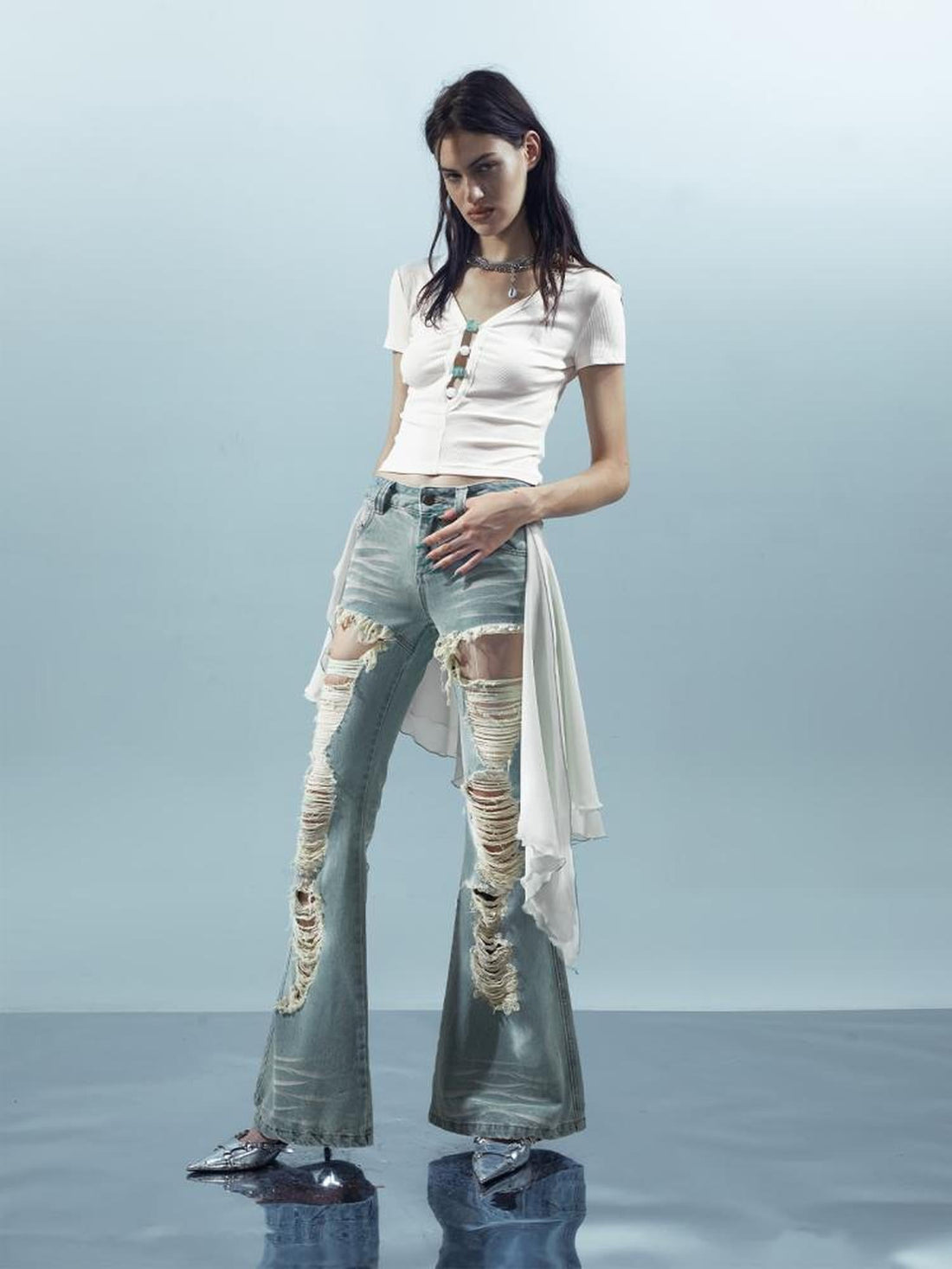 UpdateNN NORTH NODE Distressed Denim Flared Pants With Detachable Apron