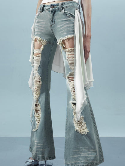 UpdateNN NORTH NODE Distressed Denim Flared Pants With Detachable Apron