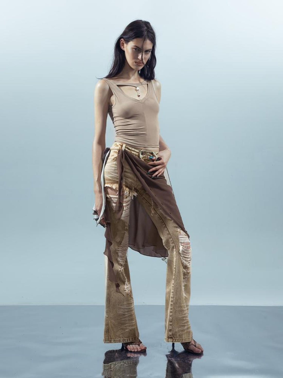 UpdateNN NORTH NODE Distressed Denim Flared Pants With Detachable Apron