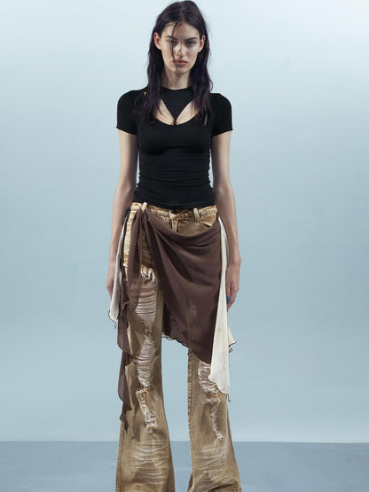 UpdateNN NORTH NODE Distressed Denim Flared Pants With Detachable Apron