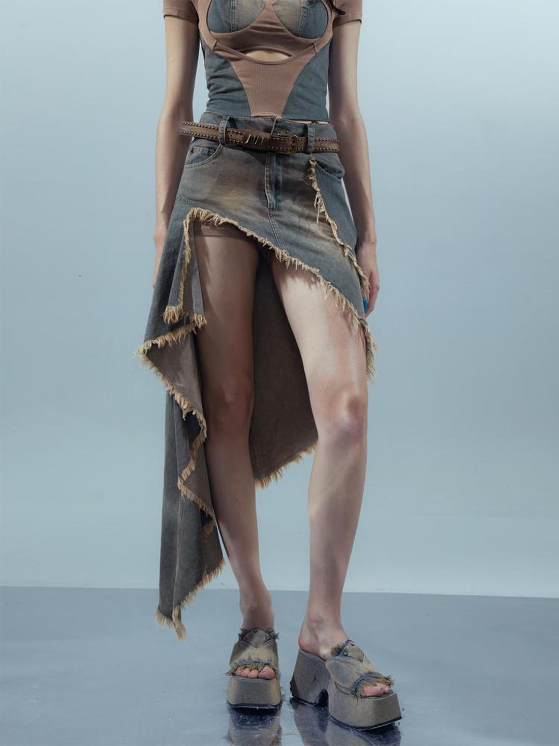 UpdateNN NORTH NODE Distressed Denim Frayed Hem Skirt With Shorts