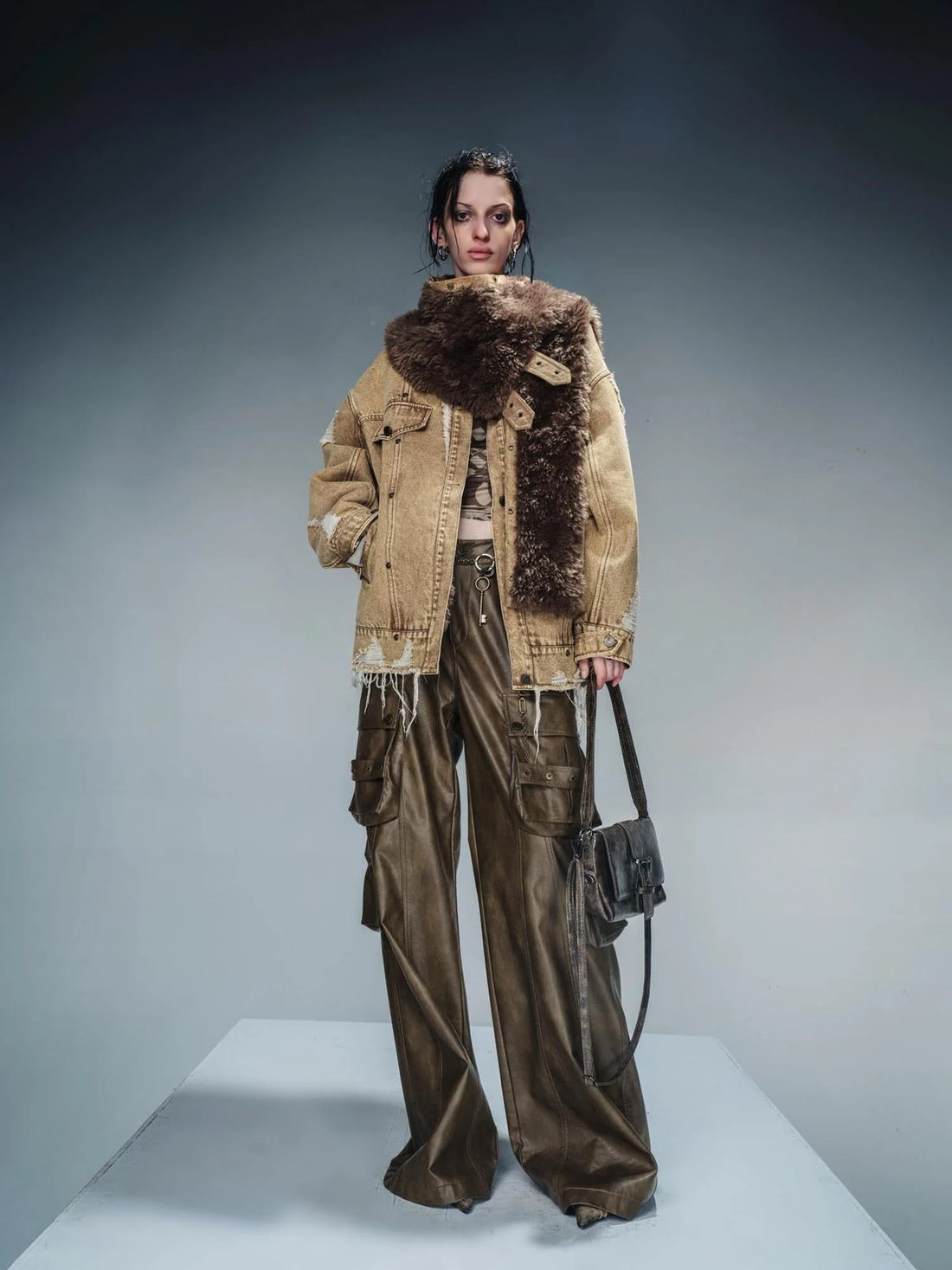 Distressed Denim Shearling Parka With Detachable Collar