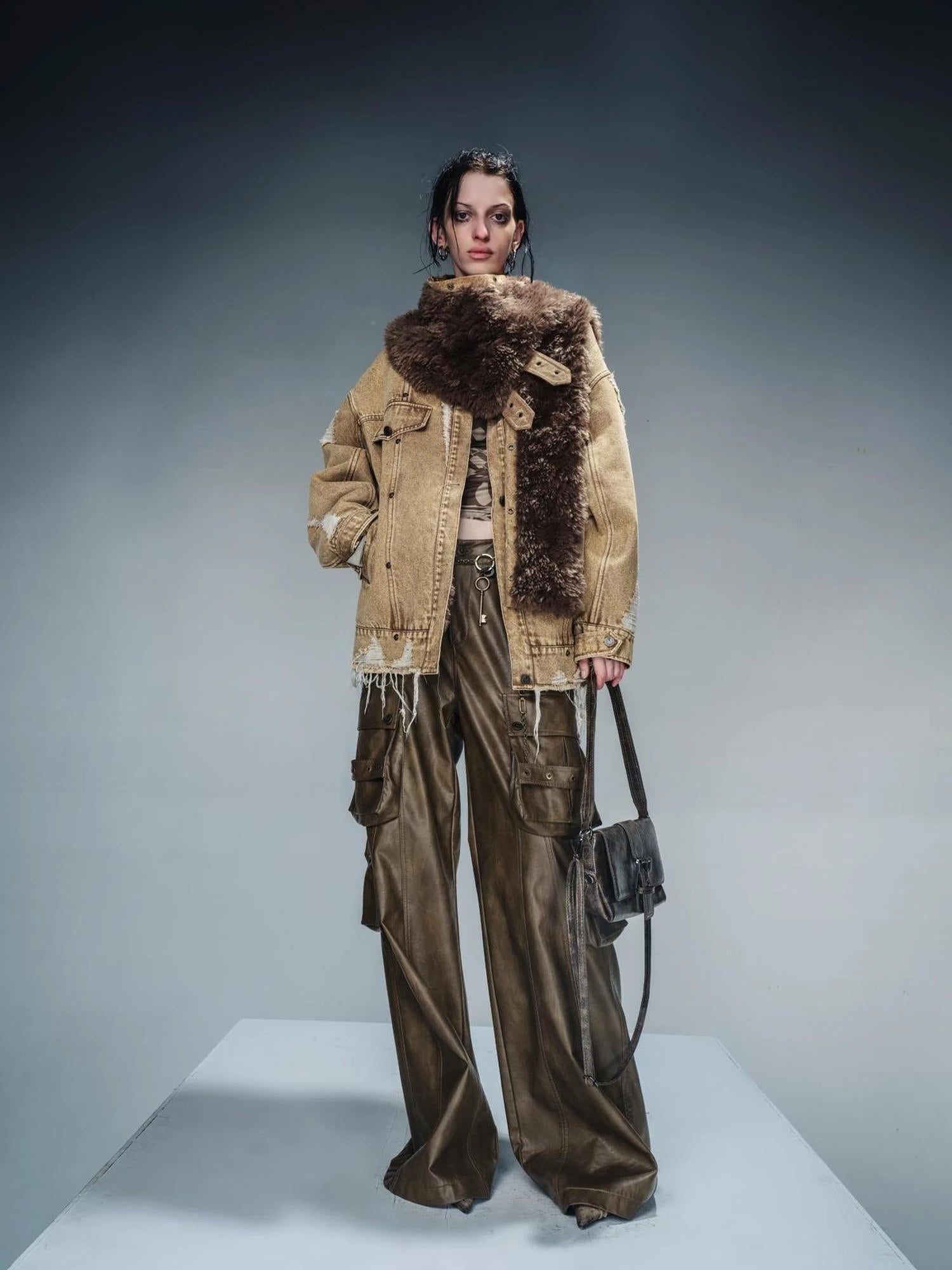 Distressed Denim Shearling Parka With Detachable Collar
