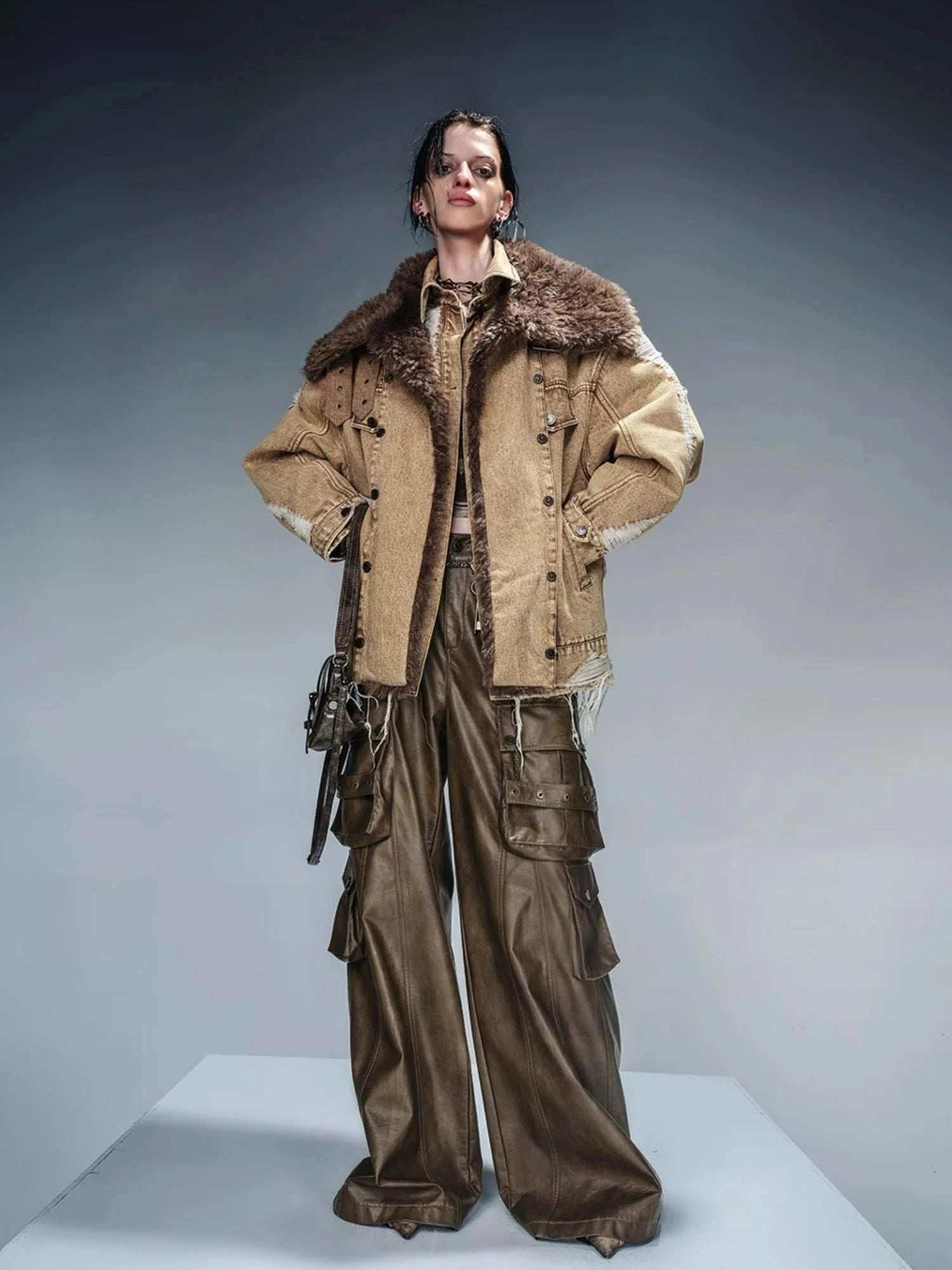 Distressed Denim Shearling Parka With Detachable Collar