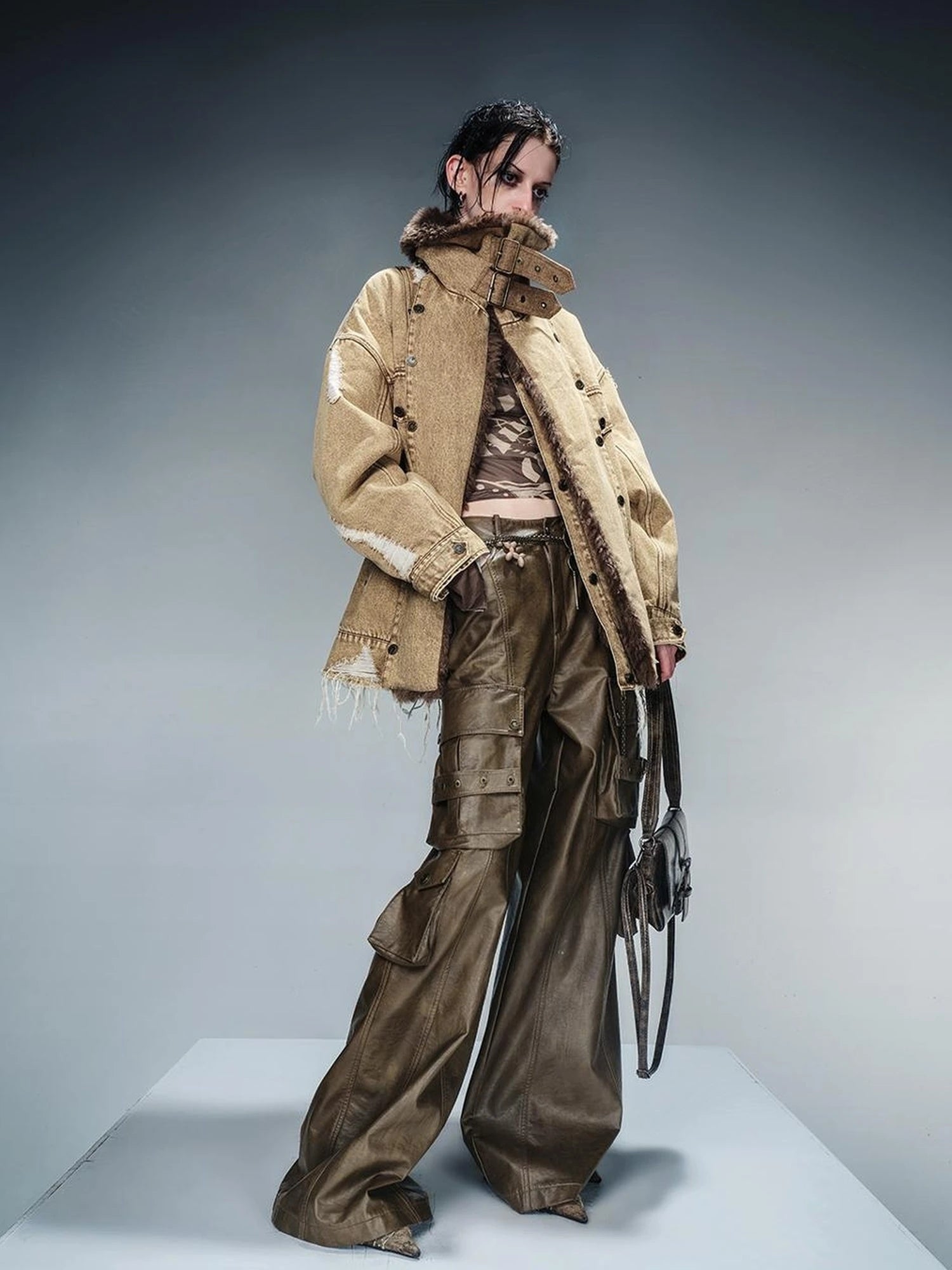 Distressed Denim Shearling Parka With Detachable Collar