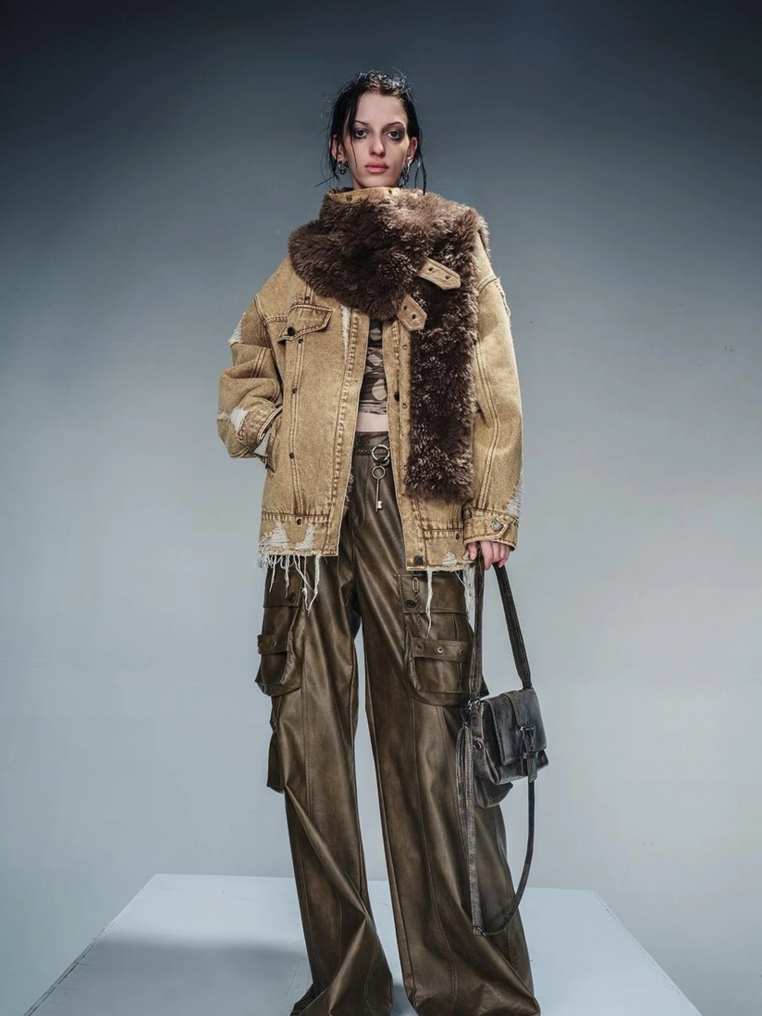 Distressed Denim Shearling Parka With Detachable Collar