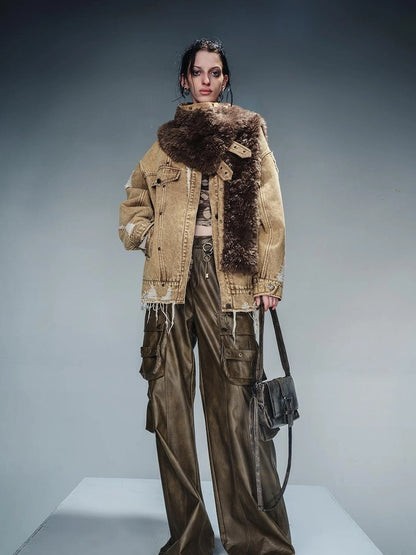 Distressed Denim Shearling Parka With Detachable Collar