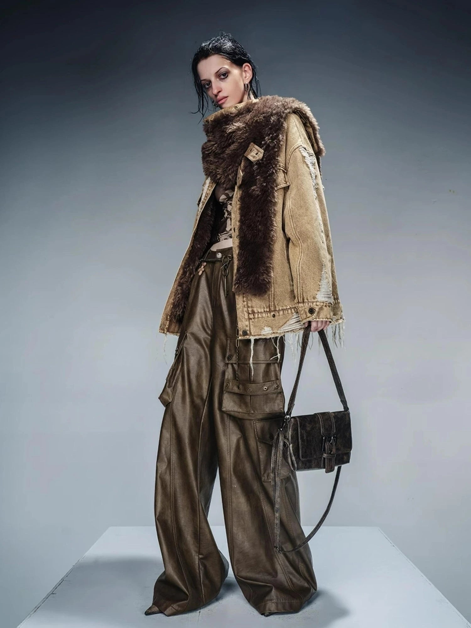 Distressed Denim Shearling Parka With Detachable Collar