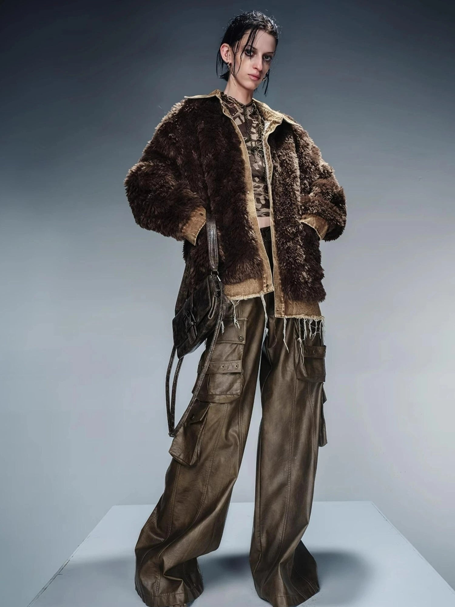 Distressed Denim Shearling Parka With Detachable Collar