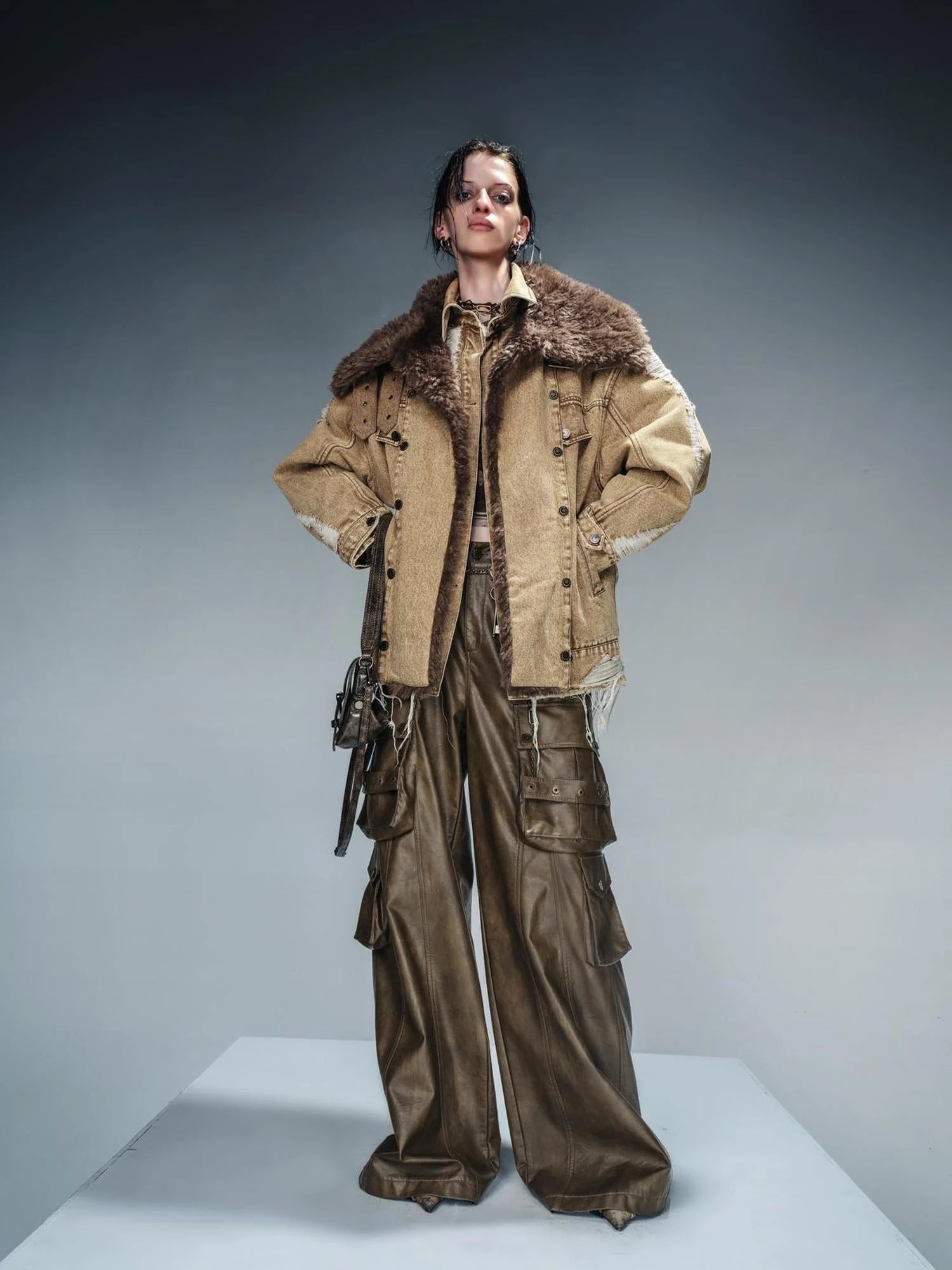 Distressed Denim Shearling Parka With Detachable Collar