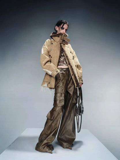 Distressed Denim Shearling Parka With Detachable Collar