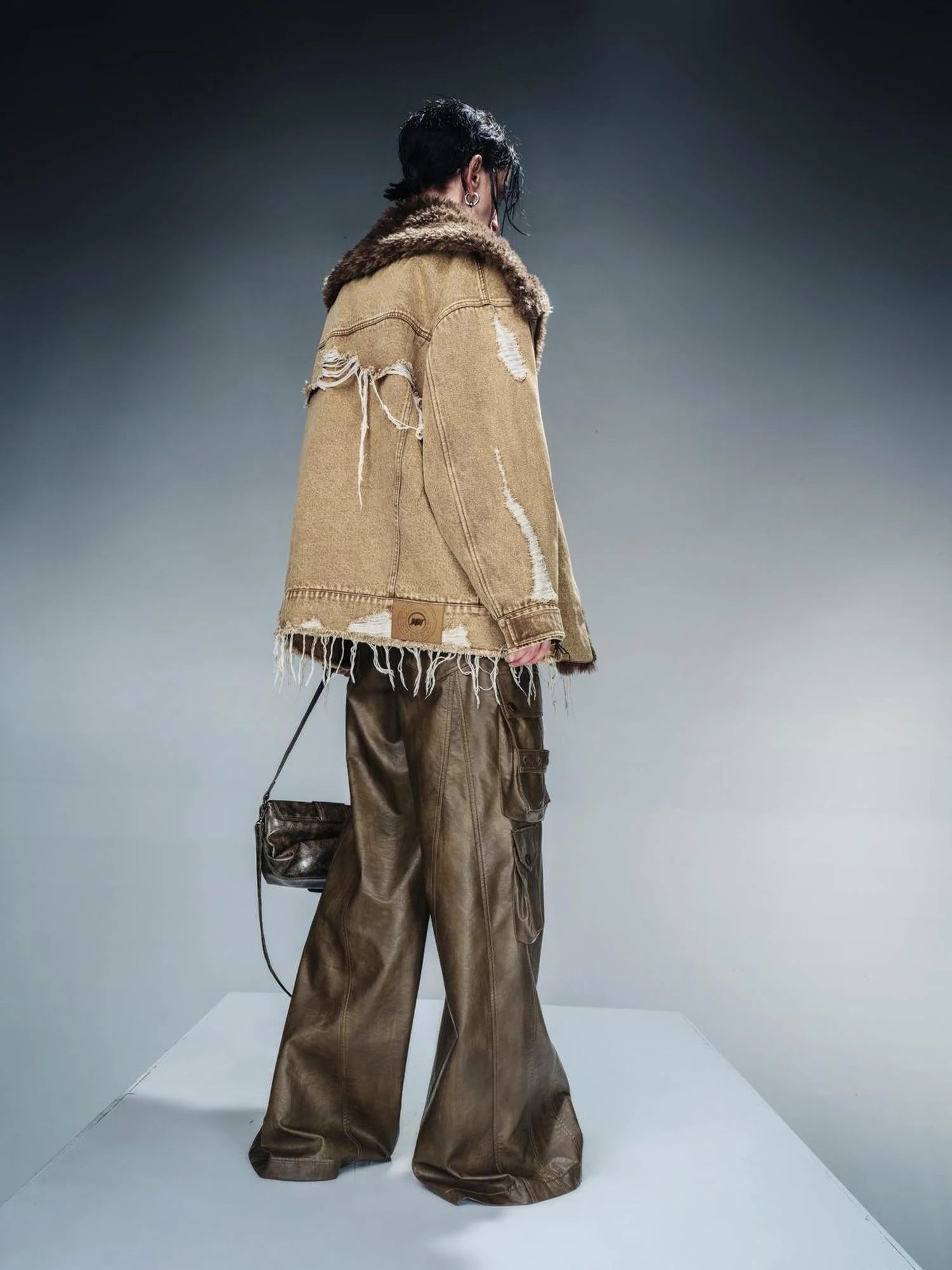 Distressed Denim Shearling Parka With Detachable Collar