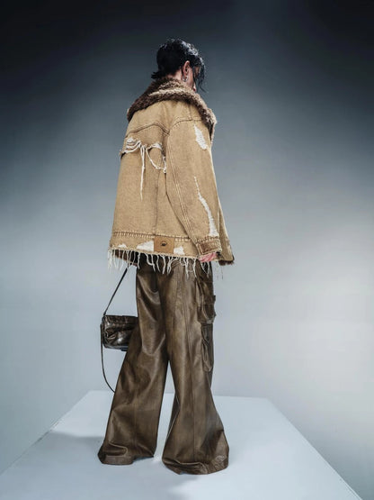 Distressed Denim Shearling Parka With Detachable Collar
