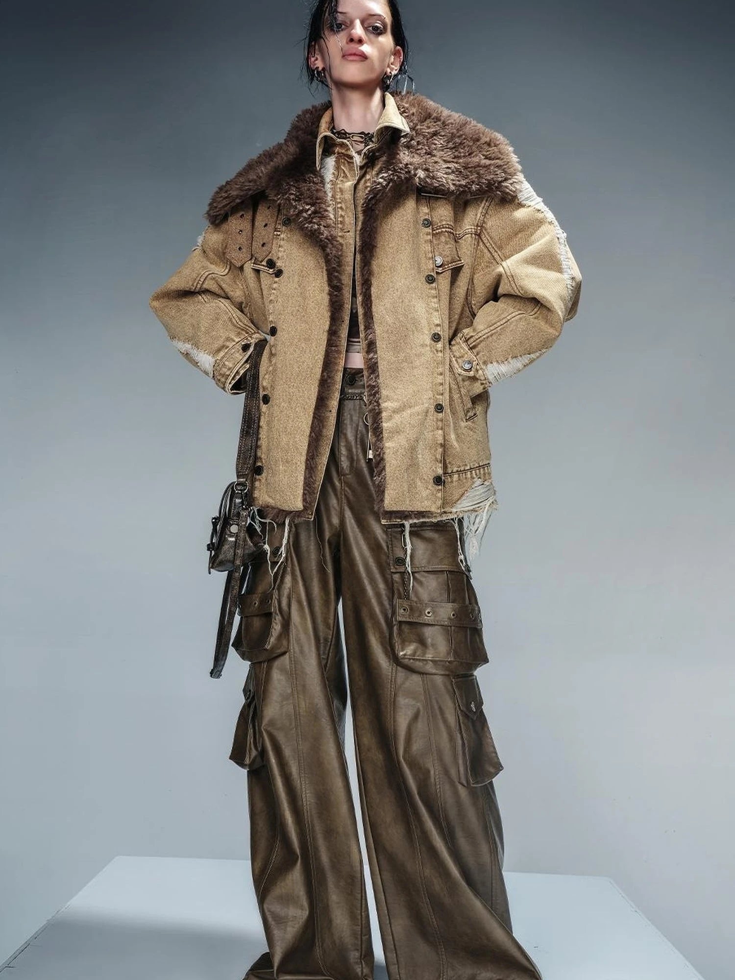 Distressed Denim Shearling Parka With Detachable Collar