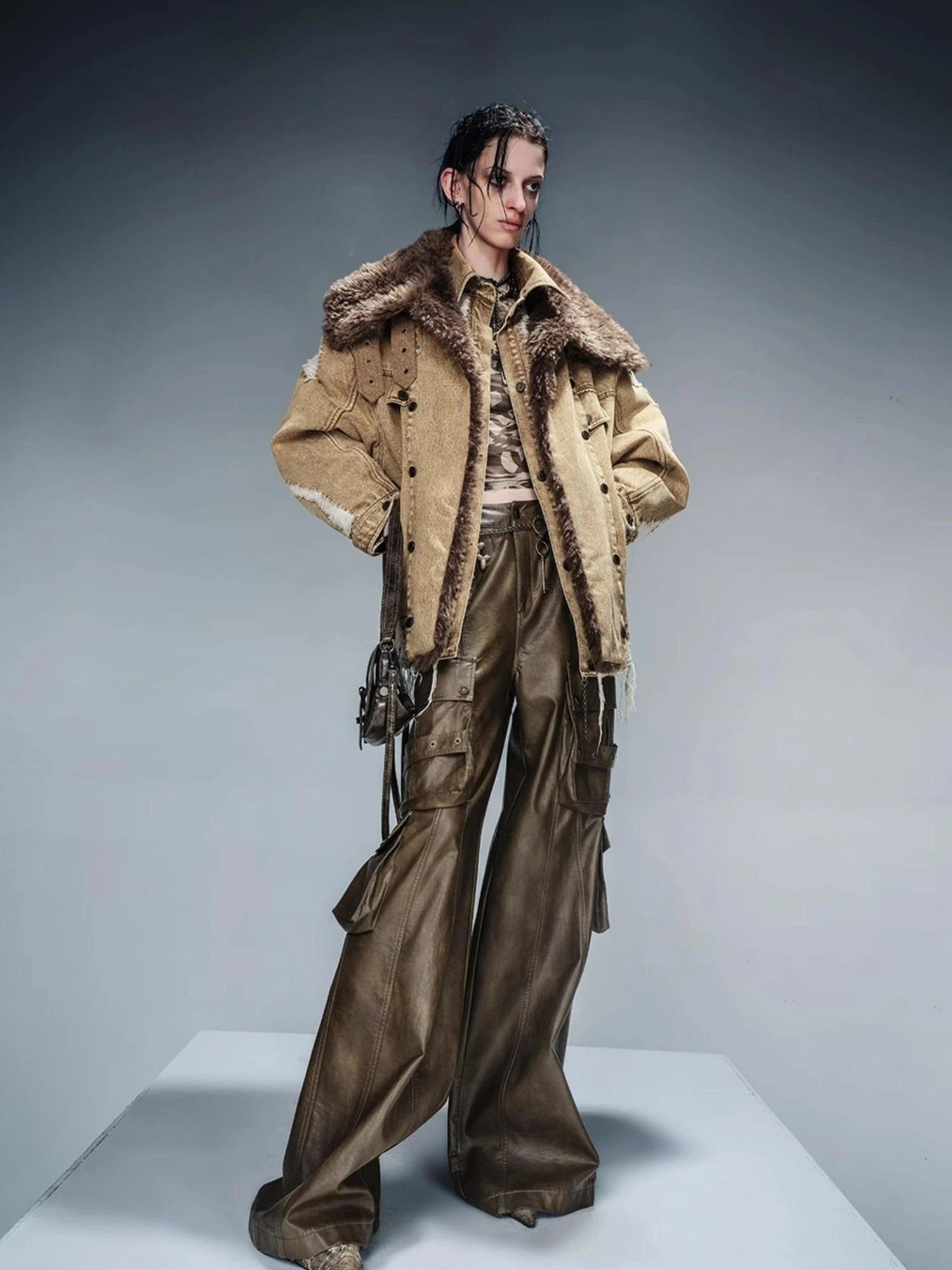 Distressed Denim Shearling Parka With Detachable Collar