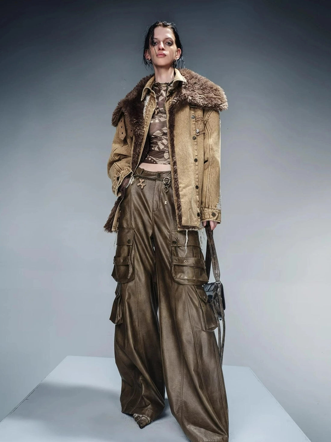 Distressed Denim Shearling Parka With Detachable Collar