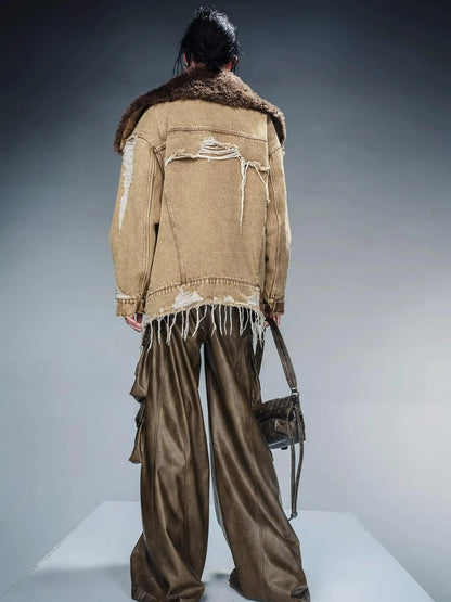 Distressed Denim Shearling Parka With Detachable Collar