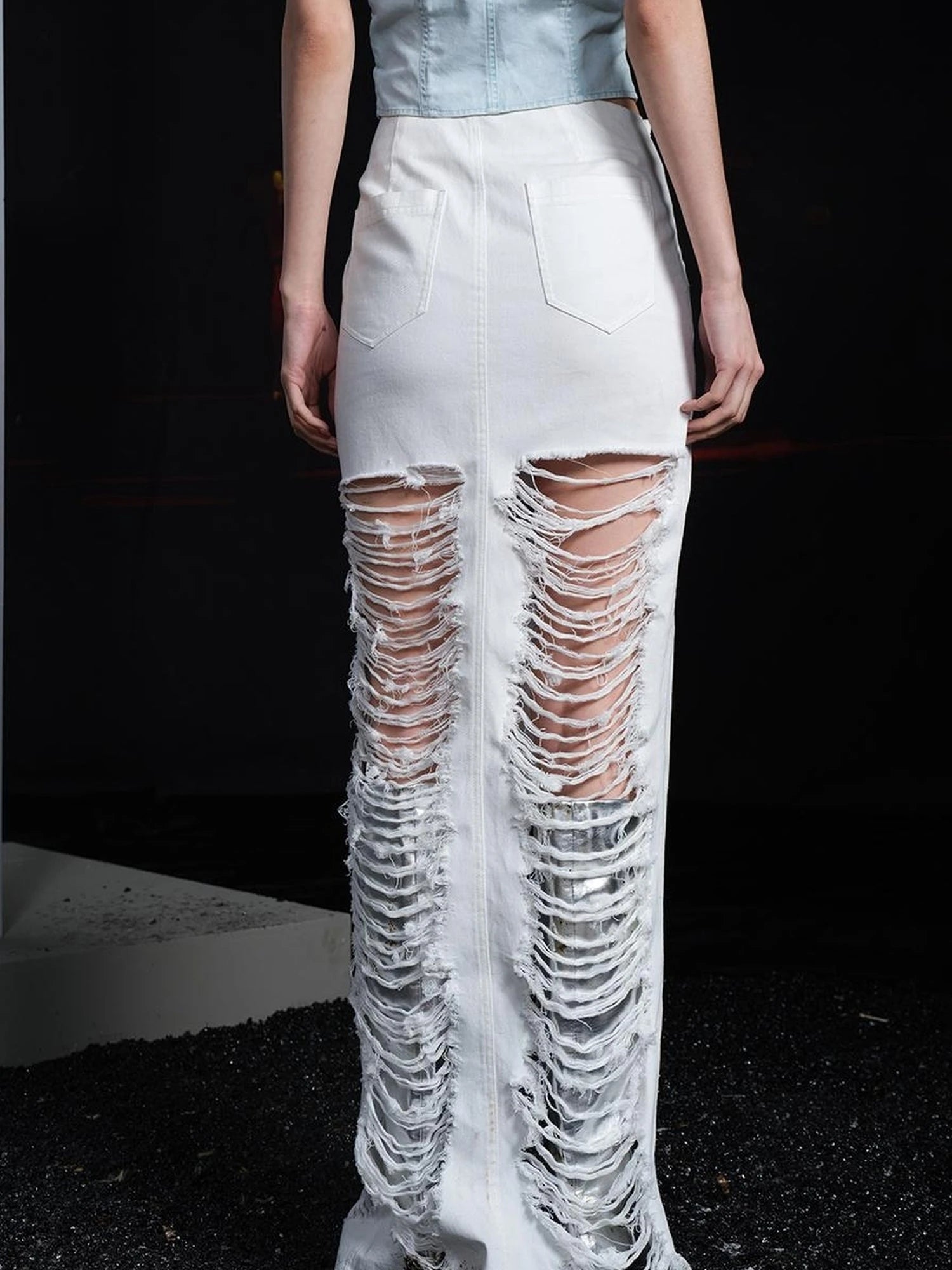 Distressed Denim Skirt With Frayed Hem