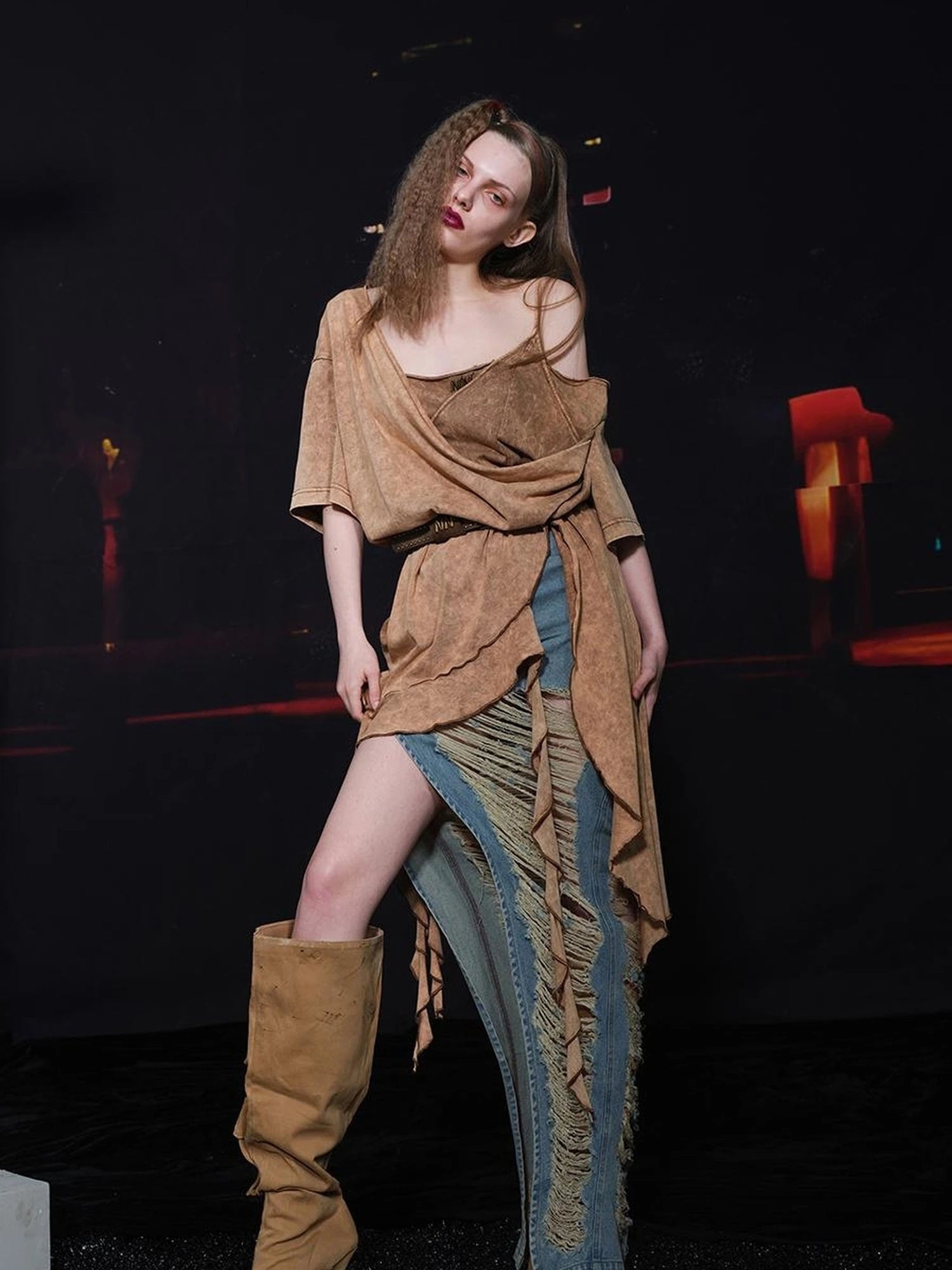 Distressed Denim Skirt With Frayed Hem