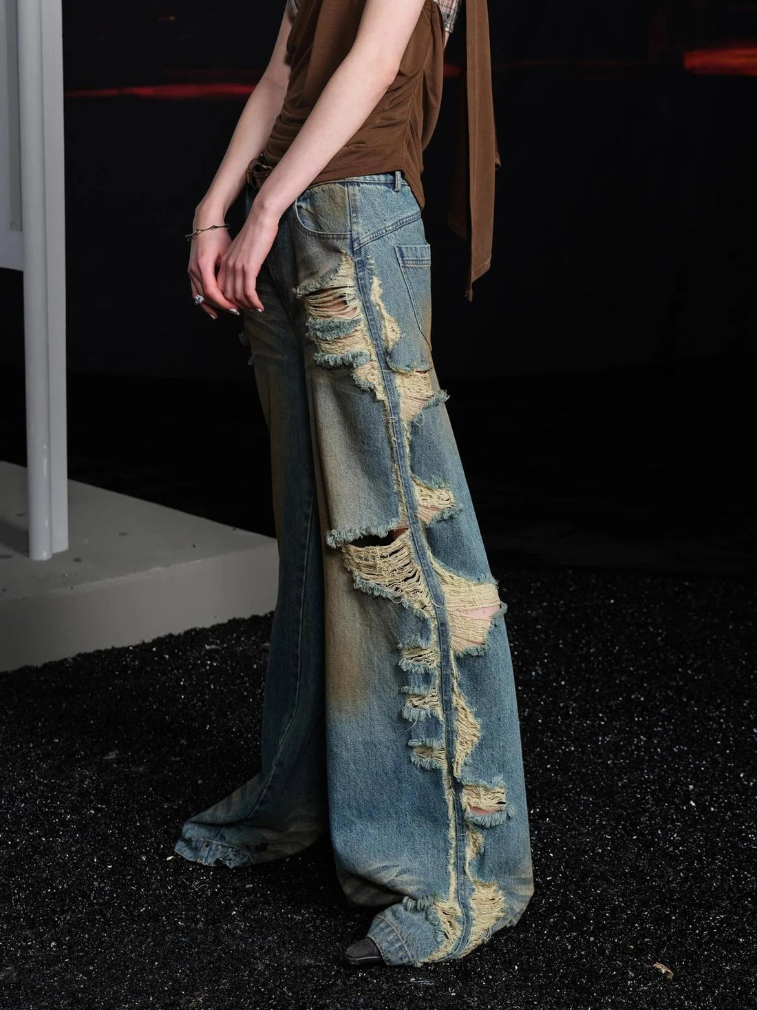 Distressed Denim Wide Leg Jeans With Artistic Torn Details