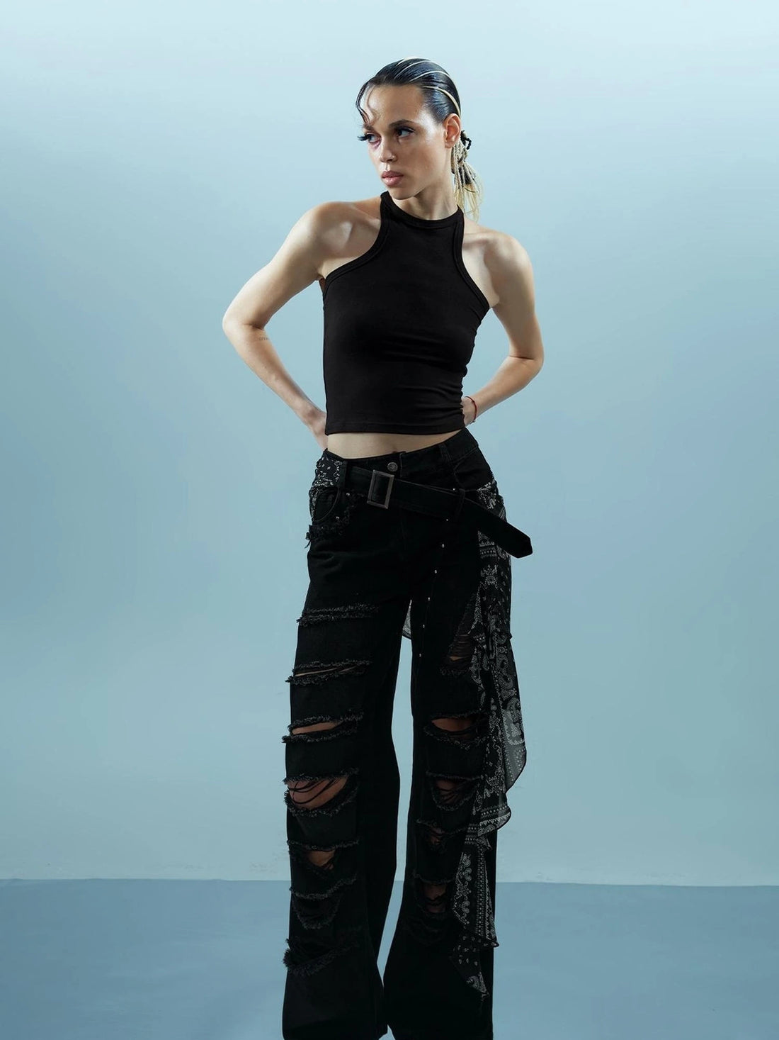 Distressed Denim With Detachable Sheer Panel