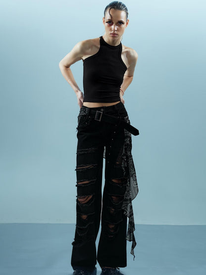 NN NORTH NODE Distressed Denim With Detachable Sheer Panel