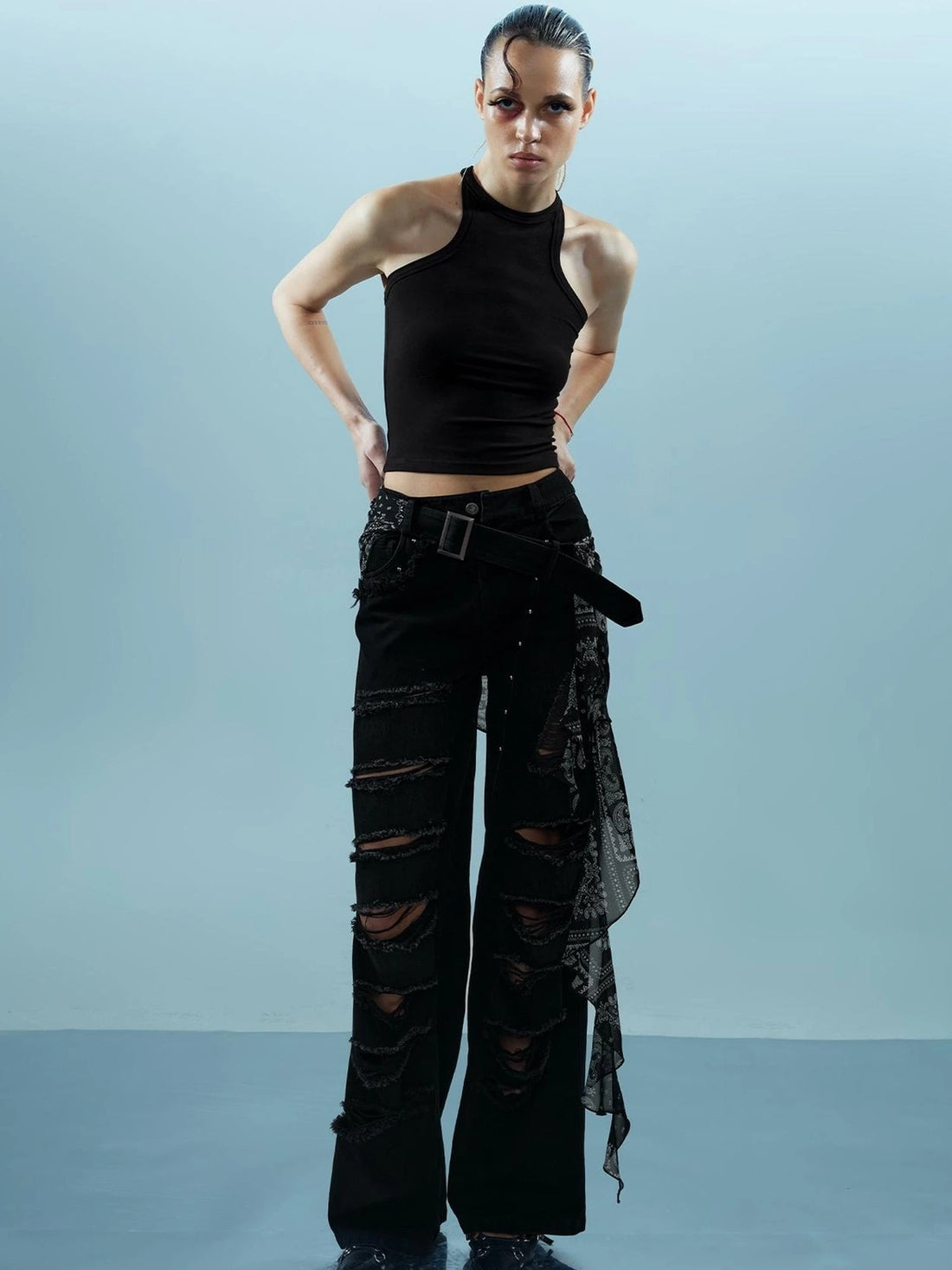 Distressed Denim With Detachable Sheer Panel