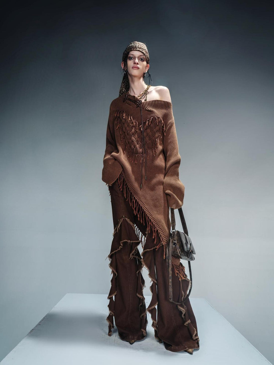 NN NORTH NODE Distressed Fringe Sweater With Asymmetric Hem