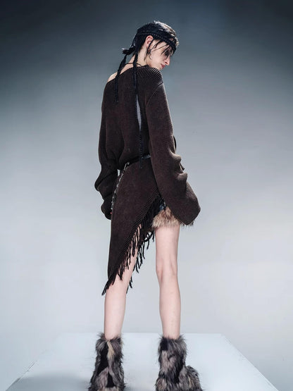 NN NORTH NODE Distressed Fringe Sweater With Asymmetric Hem