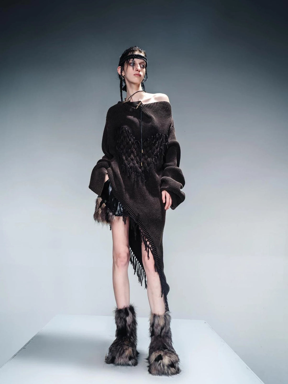 Distressed Fringe Sweater With Asymmetric Hem