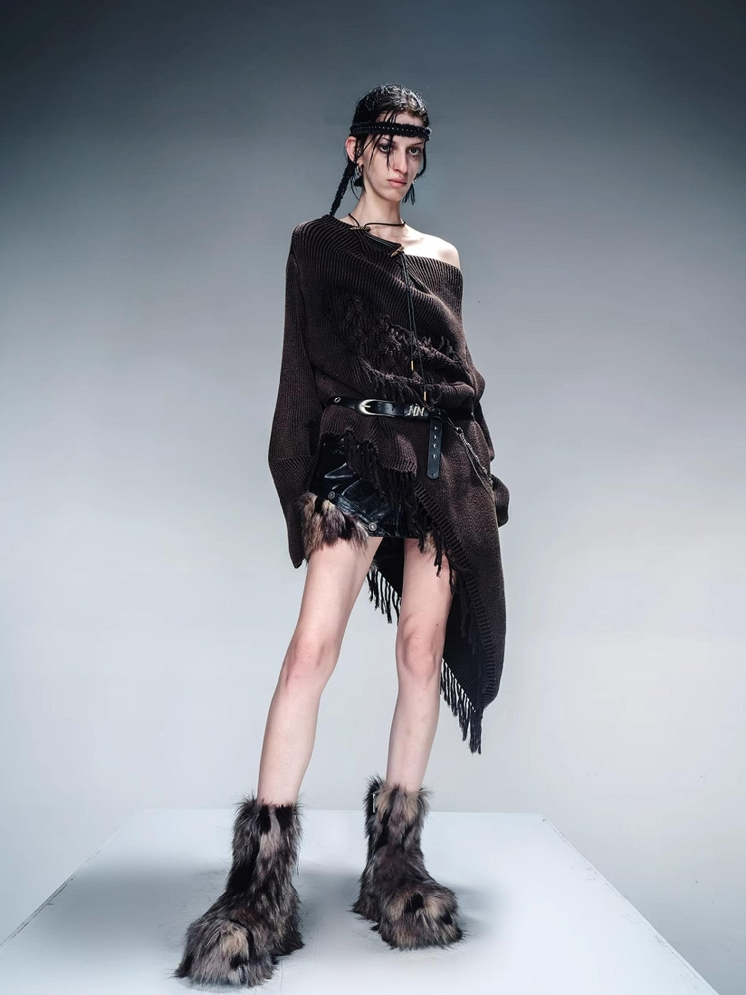 NN NORTH NODE Distressed Fringe Sweater With Asymmetric Hem