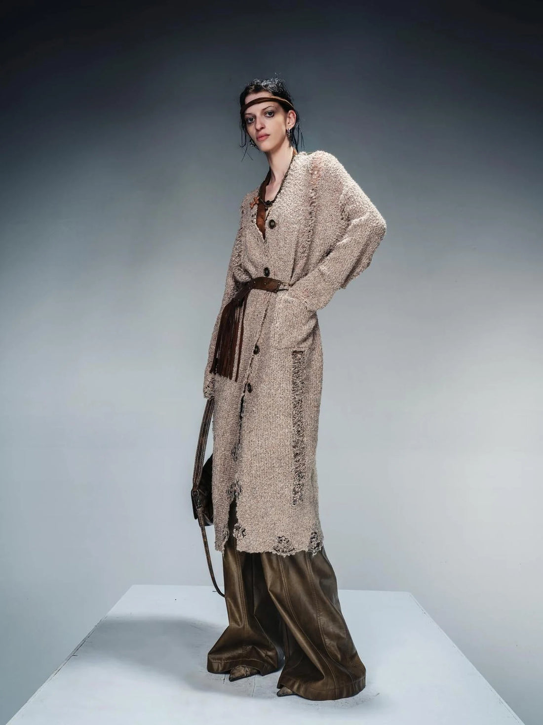 Distressed Knit Cardigan With Thermal Consideration