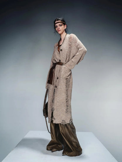 Distressed Knit Cardigan With Thermal Consideration