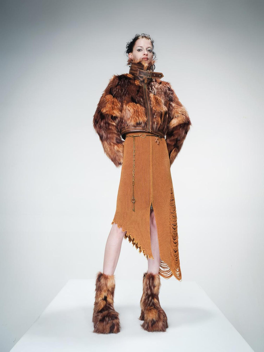 UpdateNN NORTH NODE Distressed Leather And Fur Trimmed Short Jacket