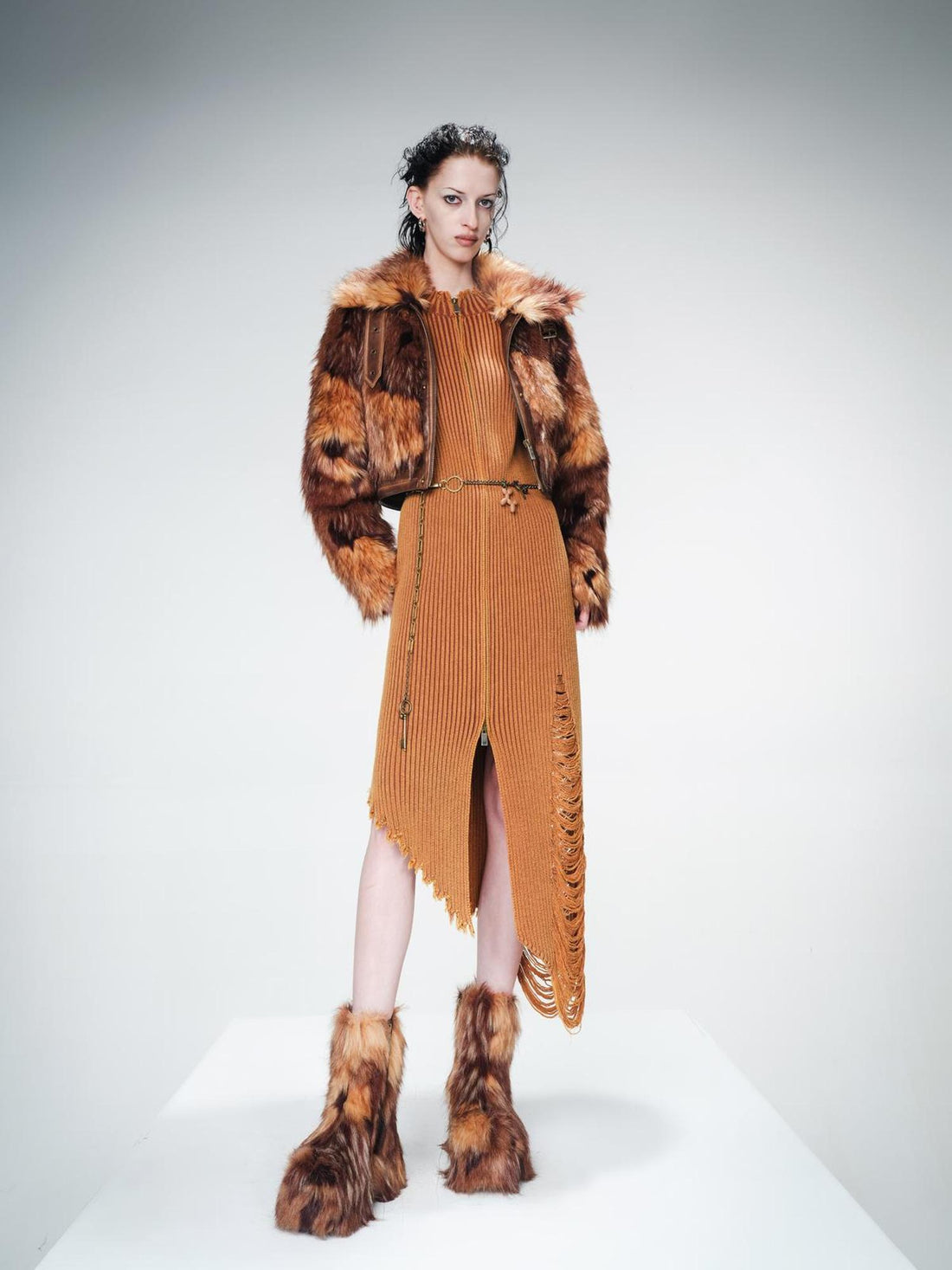 UpdateNN NORTH NODE Distressed Leather And Fur Trimmed Short Jacket