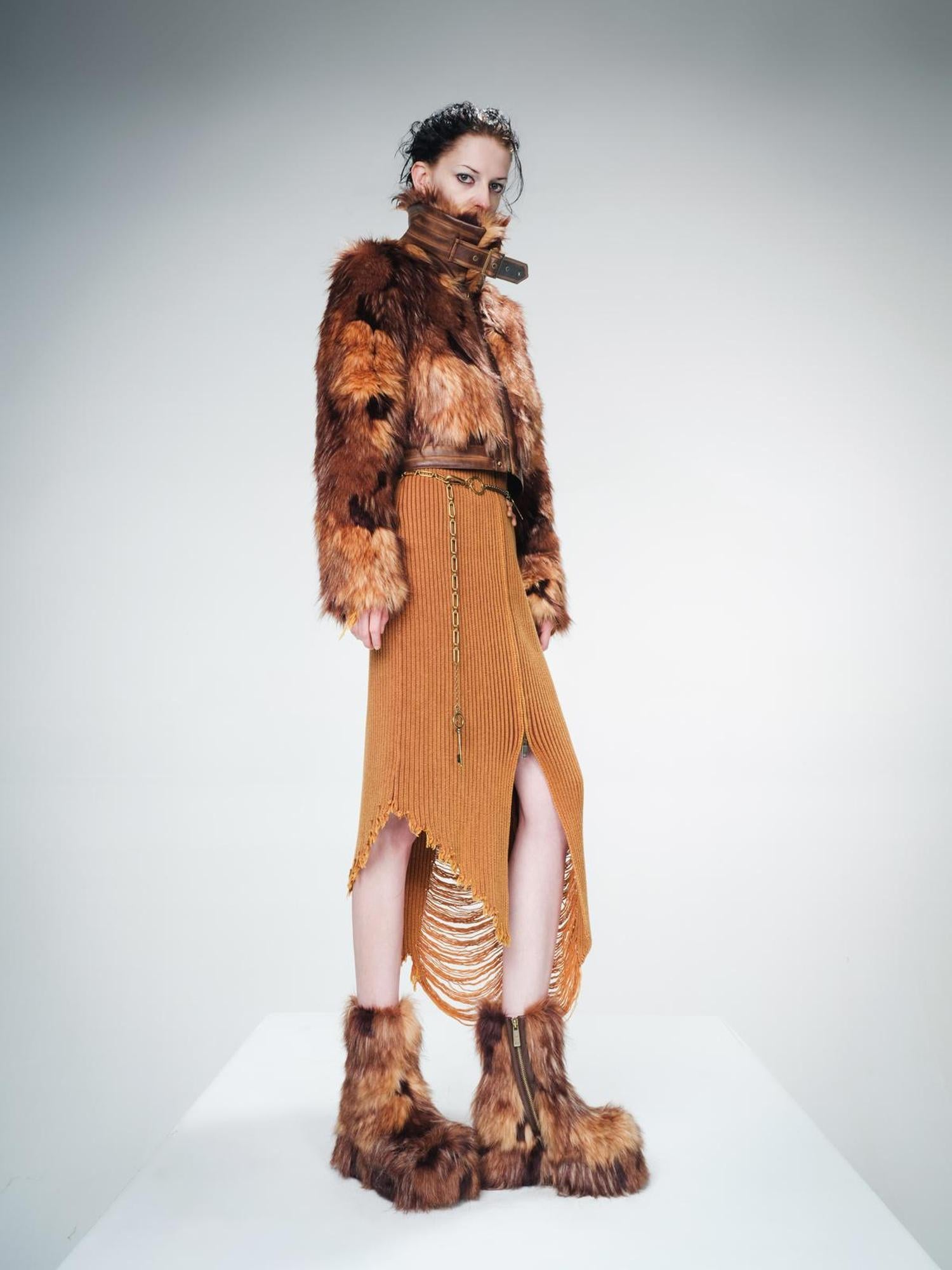 UpdateNN NORTH NODE Distressed Leather And Fur Trimmed Short Jacket