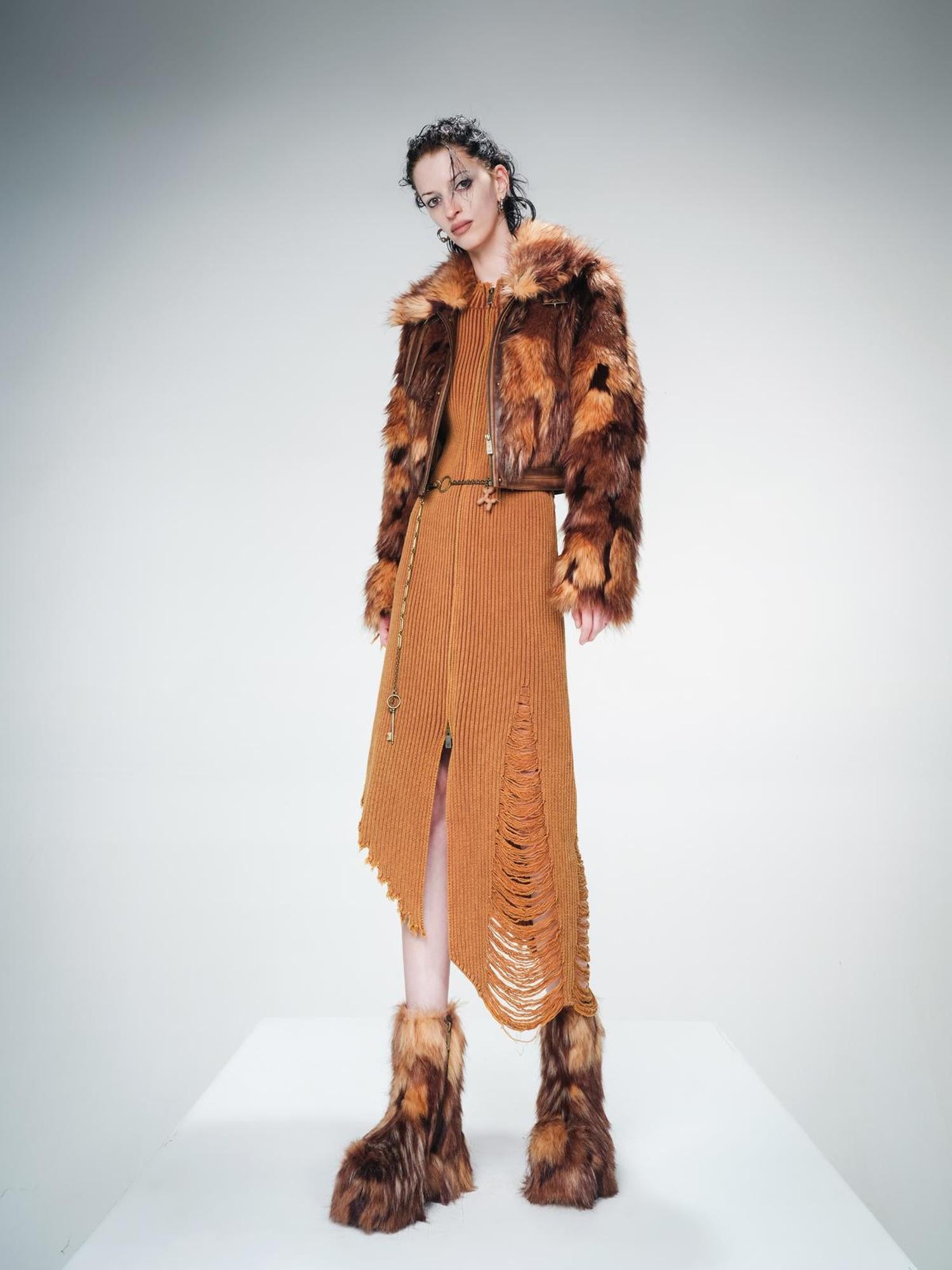 UpdateNN NORTH NODE Distressed Leather And Fur Trimmed Short Jacket