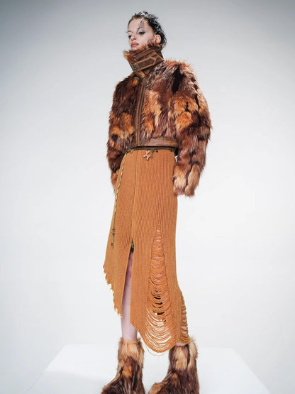 UpdateNN NORTH NODE Distressed Leather And Fur Trimmed Short Jacket