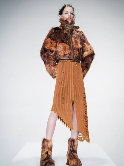 UpdateNN NORTH NODE Distressed Leather And Fur Trimmed Short Jacket