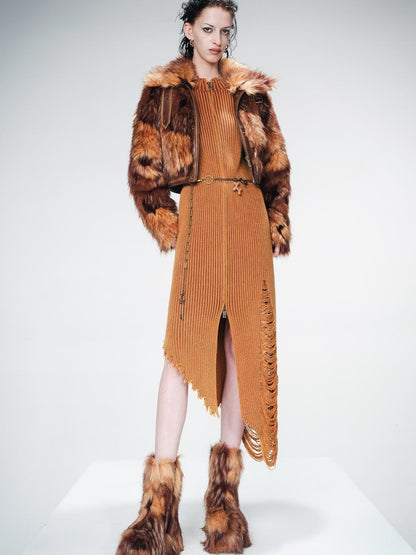 UpdateNN NORTH NODE Distressed Leather And Fur Trimmed Short Jacket