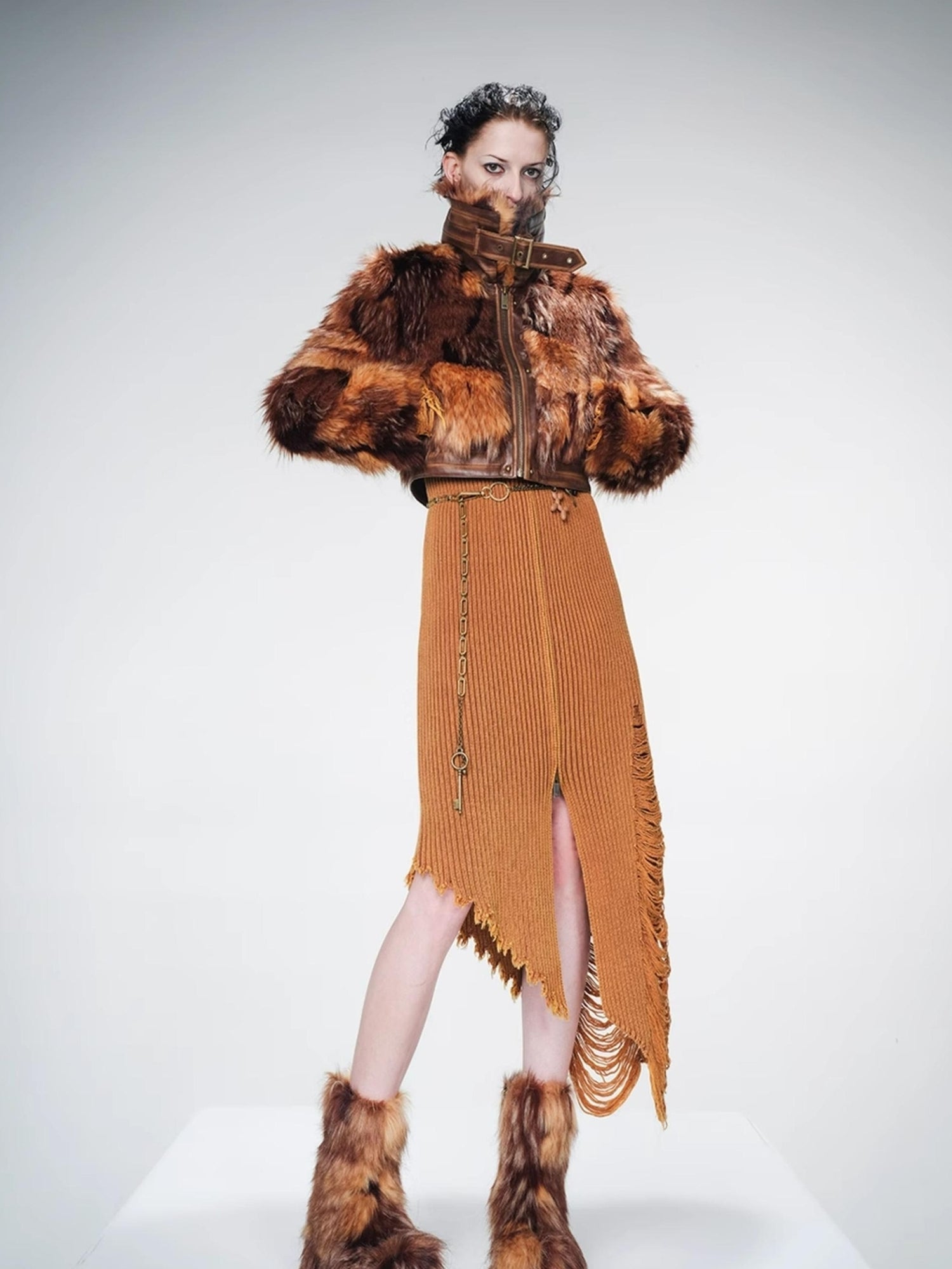 UpdateNN NORTH NODE Distressed Leather And Fur Trimmed Short Jacket