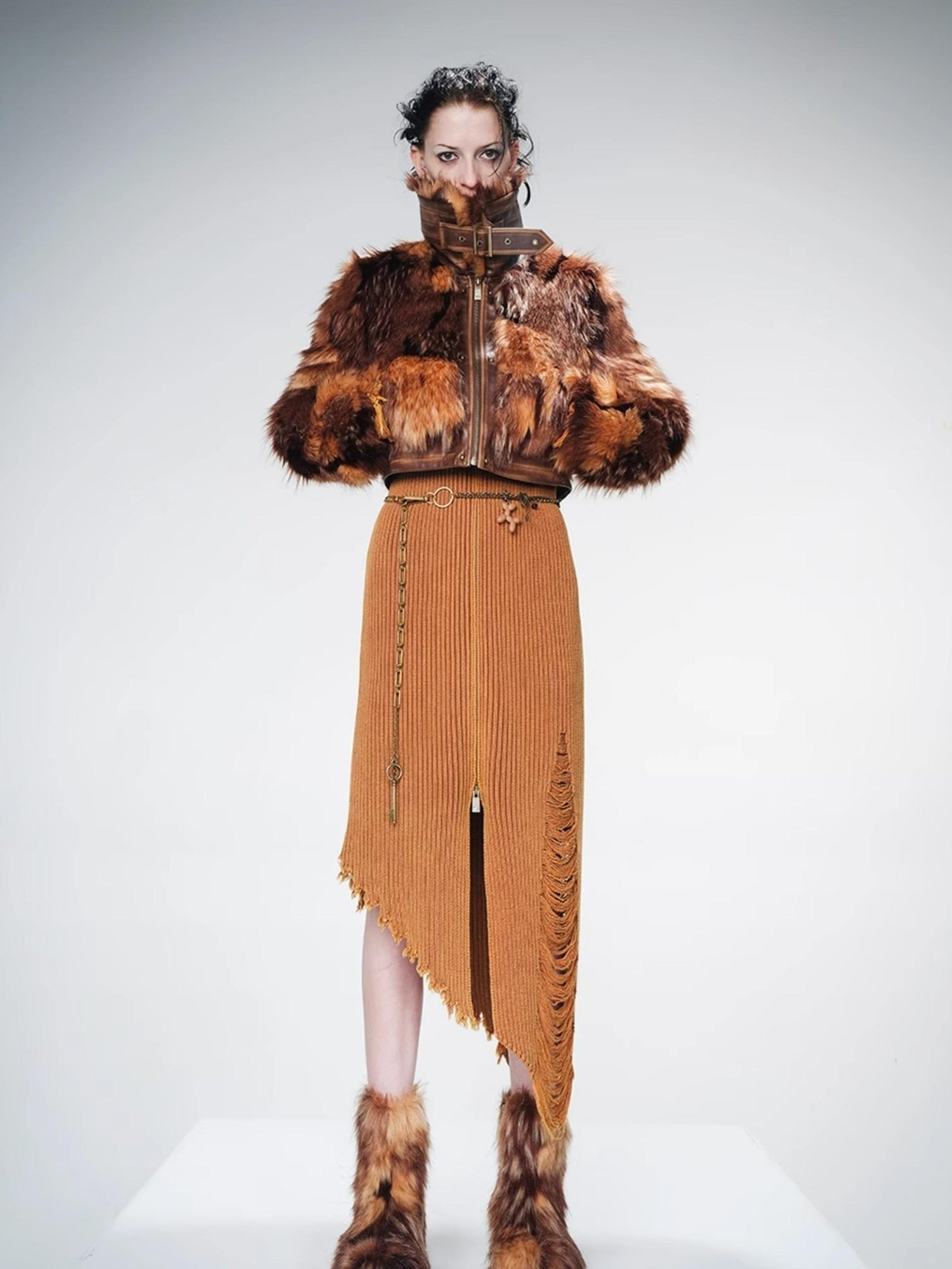UpdateNN NORTH NODE Distressed Leather And Fur Trimmed Short Jacket